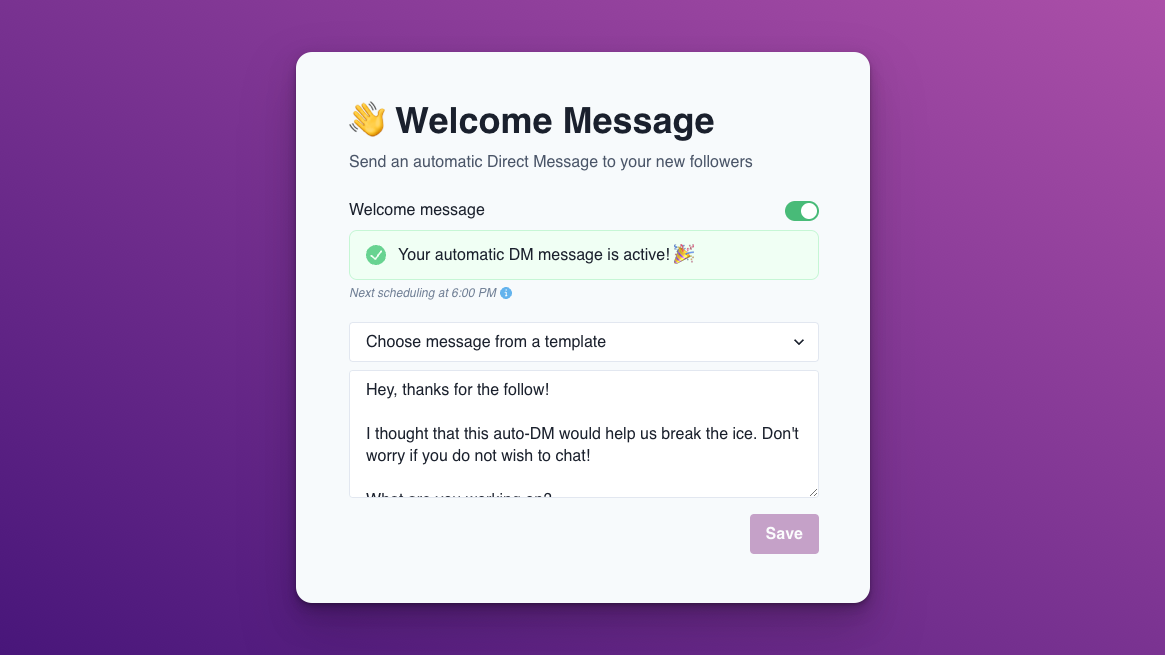 Welcome Message example